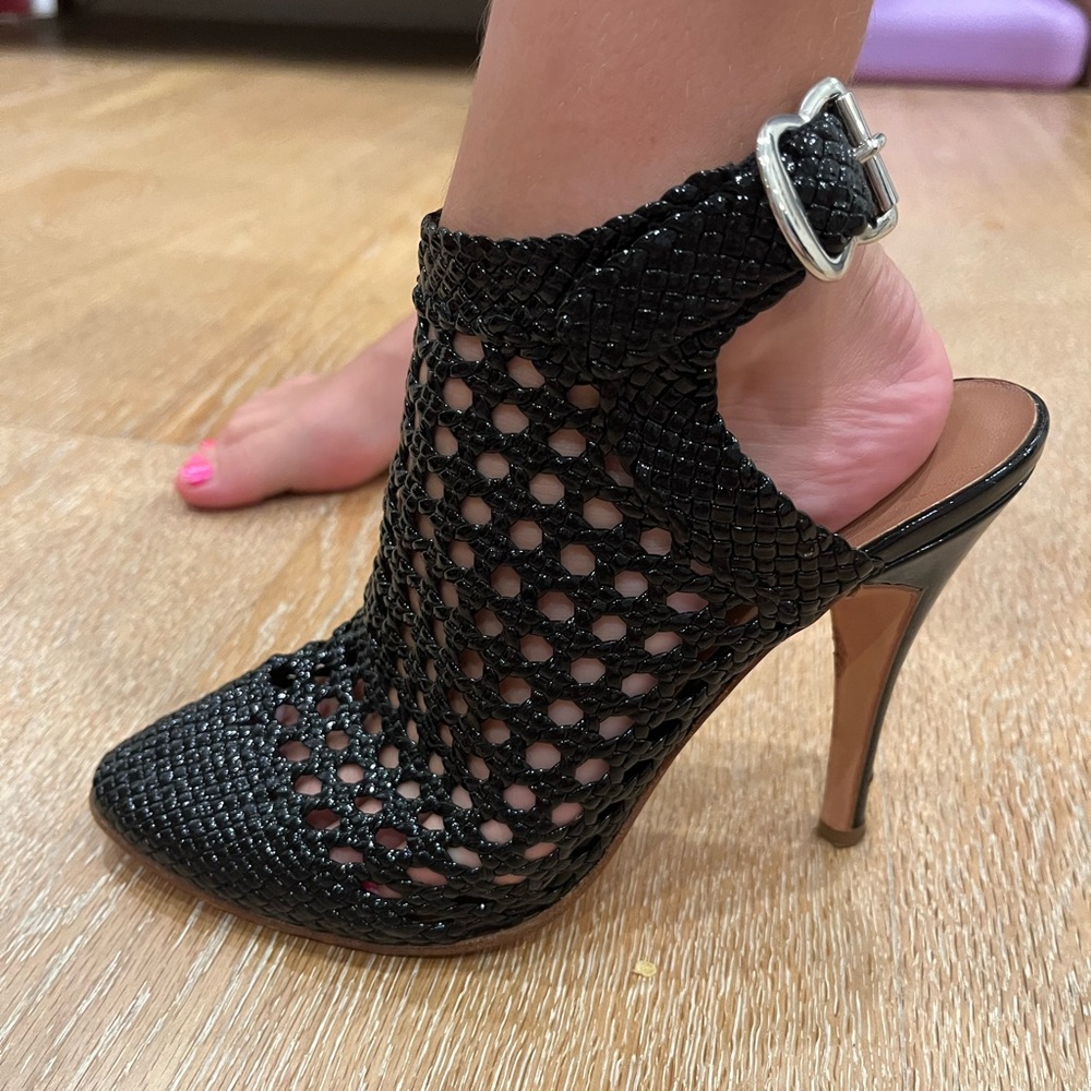 Sigerson Morrison patent leather lattice bootie sandal